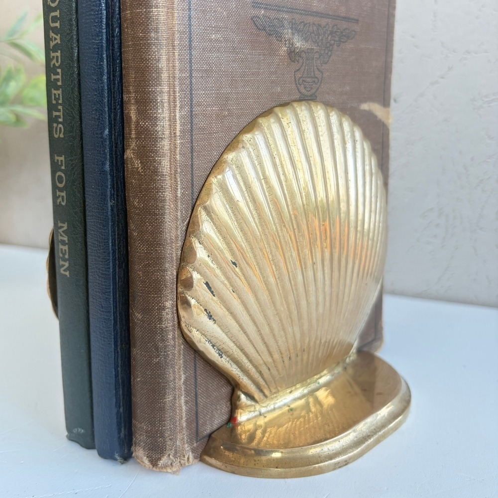 Vintage Brass Seashell Bookends Coastal Nautical Scallop Shell Pair